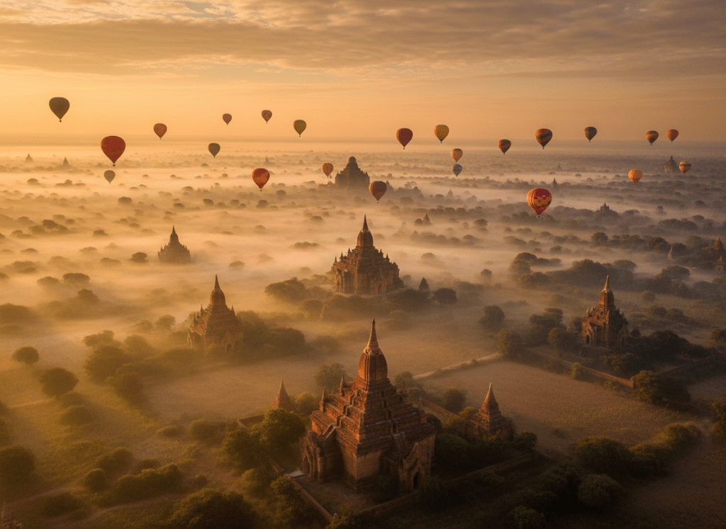 Cinematic golden-hour aerial view of the ancient temples and pagodas of Bagan, Myanmar, rising through morning mist across a vast plain, hot air balloons drifting in a warm amber sky. Editorial travel magazine photography, atmospheric, richly toned, dramatic depth.